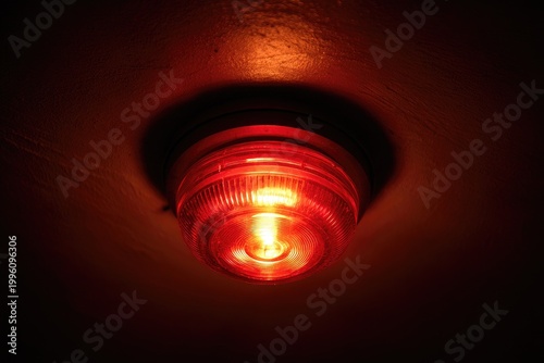 Close-up of a red emergency alarm light glowing brightly.