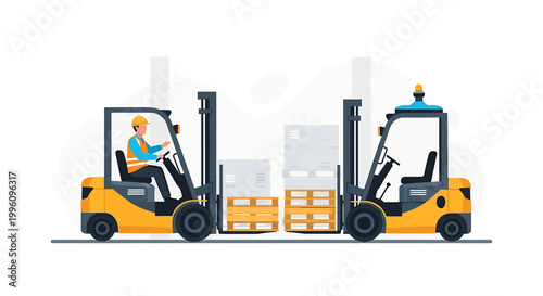 Two yellow forklifts working in a warehouse with boxes.