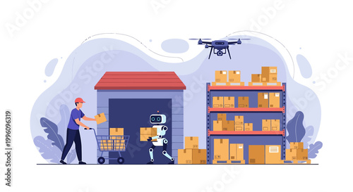 Warehouse automation with robots and drones delivering packages.