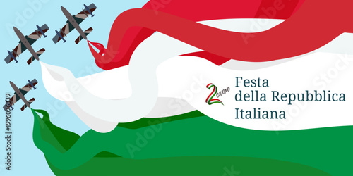 Tricolor in the skies for Republic Day air show, jet parade in Italy flag ribbon banner with black and white background, poster, card, template, layout. Italy patriotic National holiday promo