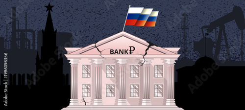 Banking Crisis in Russia concept. Ruble crash, Embargo of oil, Russo Ukrainian war, sanctions, price cap banner, background. Global trade, economic, border relationship