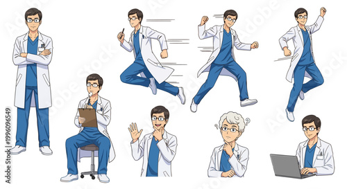 Collection of Doctor Poses and Actions in Medical Attire.