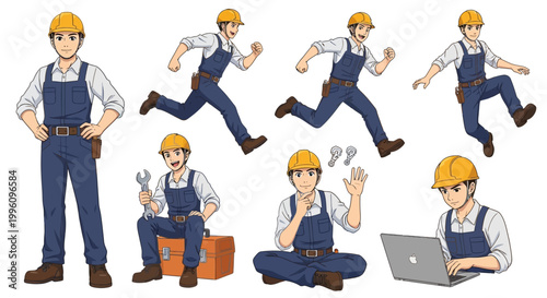 Construction Worker Character Set Various Poses.