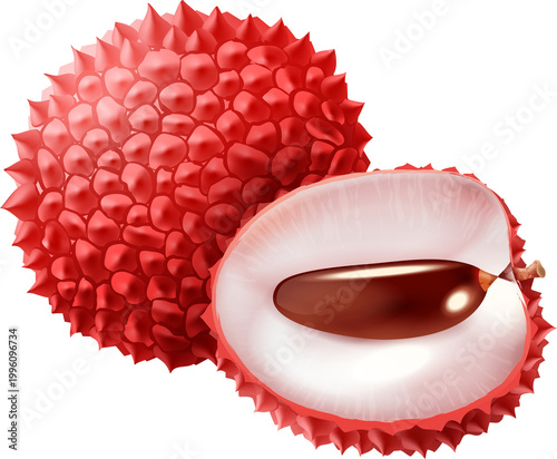  A group of red lychees with green leaves on a white background. One lychee is cut open to reveal the white flesh inside