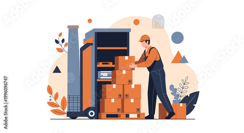 Warehouse worker loading boxes onto a pallet with a forklift.