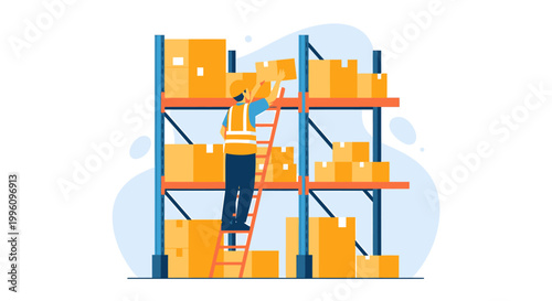 Warehouse worker on ladder organizing boxes on shelves.
