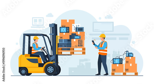 Warehouse worker operates forklift loading boxes and electronics.