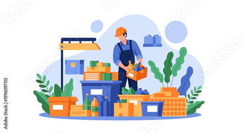 Warehouse worker organizing boxes and packages for delivery.