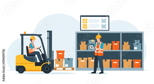 Warehouse worker operating forklift near shelves with boxes.