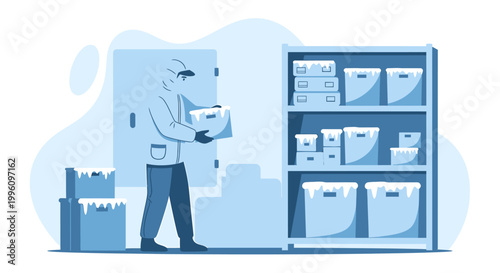 Warehouse worker organizing boxes on shelves and stacks.