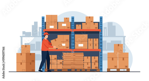 Warehouse worker organizing boxes on shelves and pallets.