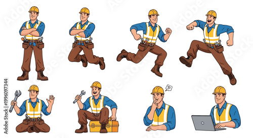Construction Worker Character Set Diverse Poses.