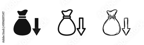 Money Bag with Down Arrow Icon Set Representing Loss and Inflation