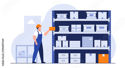 Warehouse worker organizing boxes on shelves in a storage facility.