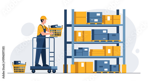 Warehouse worker organizing boxes on shelves using a cart.