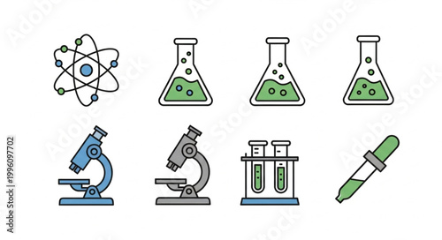 Science laboratory equipment icons atom microscope test tubes and dropper.