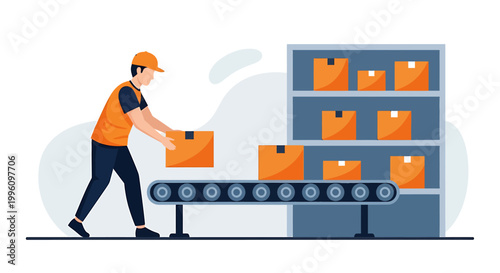 Warehouse worker places box on conveyor belt near shelves.