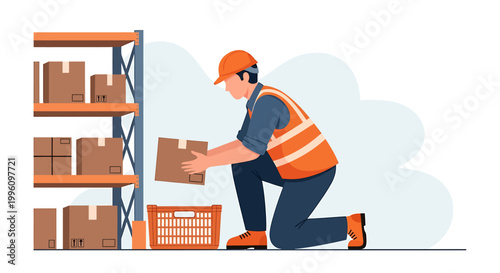 Warehouse worker placing box on shelf in storage facility.