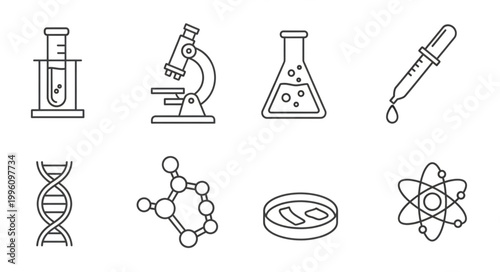 Collection of science and laboratory icons in line art style.