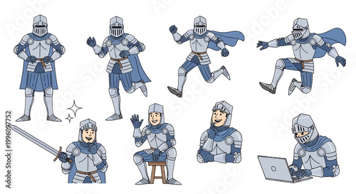 Collection of Knight Poses and Actions in Armor.