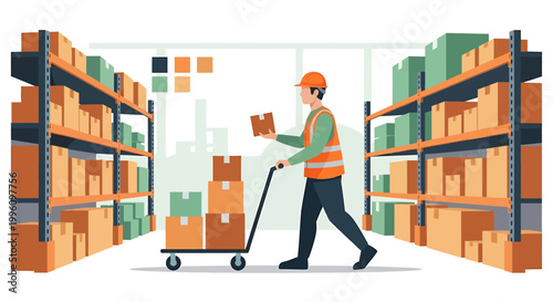 Warehouse worker pushing a cart with boxes between shelves.