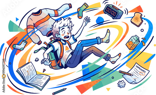 Boy Falling Down with School Supplies.