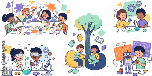 Children learning with robots and technology.