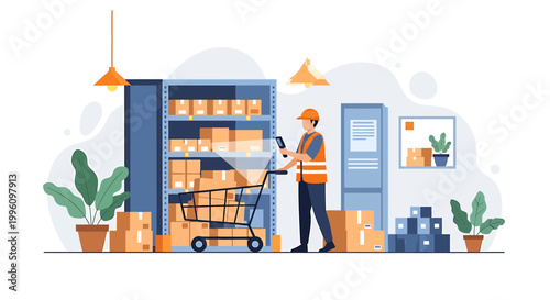 Warehouse worker with scanner and cart checking inventory.