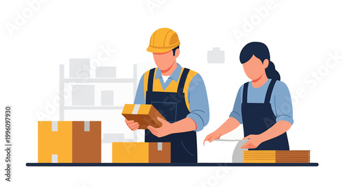 Warehouse workers checking inventory and packing boxes for shipping.