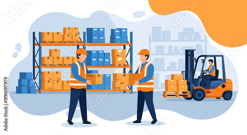 Warehouse workers and forklift moving boxes.