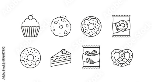 Collection of sweet and savory snack icons line art.