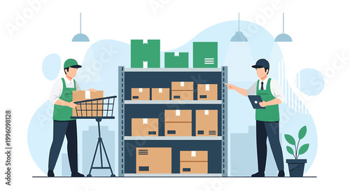 Warehouse workers organizing inventory on shelves with a cart.