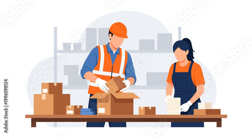 Warehouse workers packing boxes for shipping and delivery.
