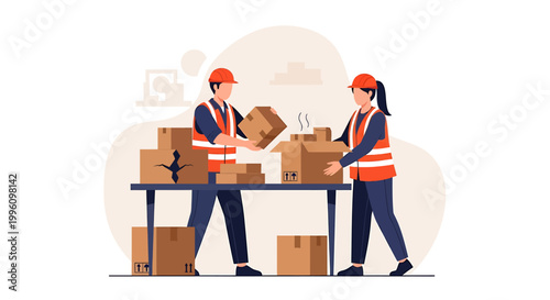 Warehouse workers packing boxes for shipping and delivery.