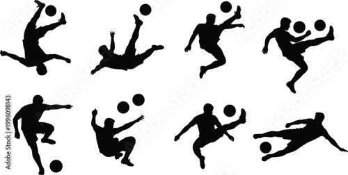Silhouette Illustration of Soccer Players in Action with Various Kicks and Moves for Sports, Athletics, and Motion Design Projects