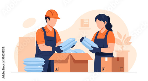 Warehouse workers packing boxes with products for shipping.