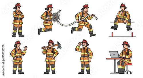 Collection of Firefighter Poses and Actions Illustration.