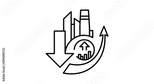 Economic Downturn and Recovery Concept: Falling Arrow, Growth Chart, Cityscape