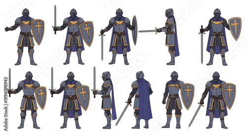 Collection of Medieval Knights in Full Armor Poses.