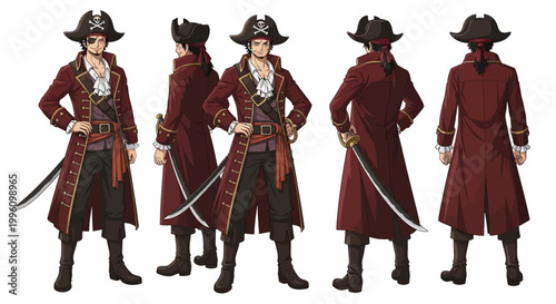 Male Pirate Character Design Front and Side Views.