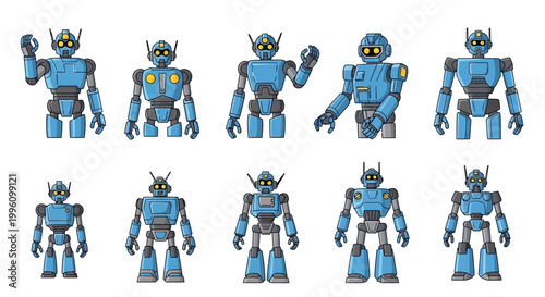 Collection of Blue Robots in Various Poses and Sizes.