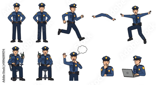 Collection of Police Officer Poses and Actions.