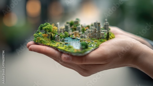 Miniature Cityscape Model Held in Hands, Symbolizing Urban Planning and Sustainability.