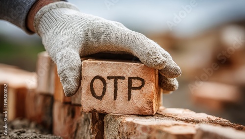 Construction worker placing a brick with OTP written on it, symbolizing one-time password security.
