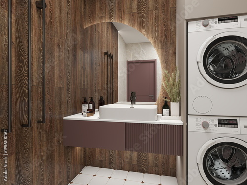 Modern compact bathroom-laundry with mauve floating vanity, white vessel sink, black faucet, arched mirror. Rich wood panels, stacked washer-dryer, green plants, white floor with brown accents. Cozy s