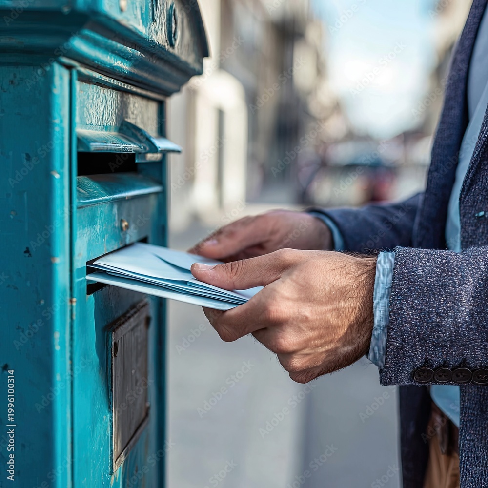 Obraz premium Man Mailing a Letter into a Vintage Teal Postbox.