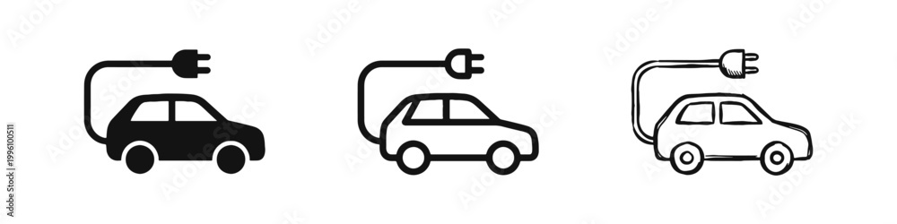 Naklejka premium Electric Vehicle EV Icon Set with Car and Charging Plug