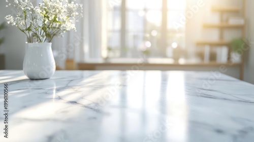 Sunlit Marble Table with White Flowers