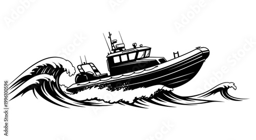 Fishing boat on the ocean waves.
