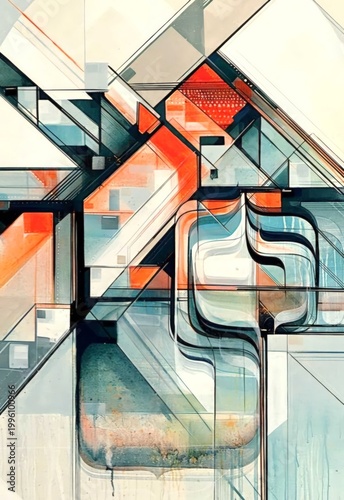 Modern abstract design featuring dynamic geometric shapes and contrasting colors, blending orange, white, and blue tones. Sharp lines create a futuristic aesthetic.